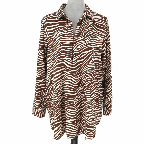 Jones NY Top Plus Size 1X Linen Blend Ivory Brown Animal Print Blouse Henley - Picture 1 of 13